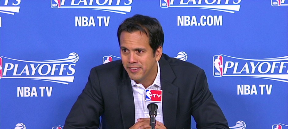 Coach Spo speaks to the media after Game 3 against the Bobcats.