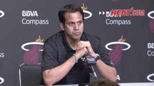 Coach Spo speaks to the Media during a press conference Tuesday at the AmericanAirliines Arena.