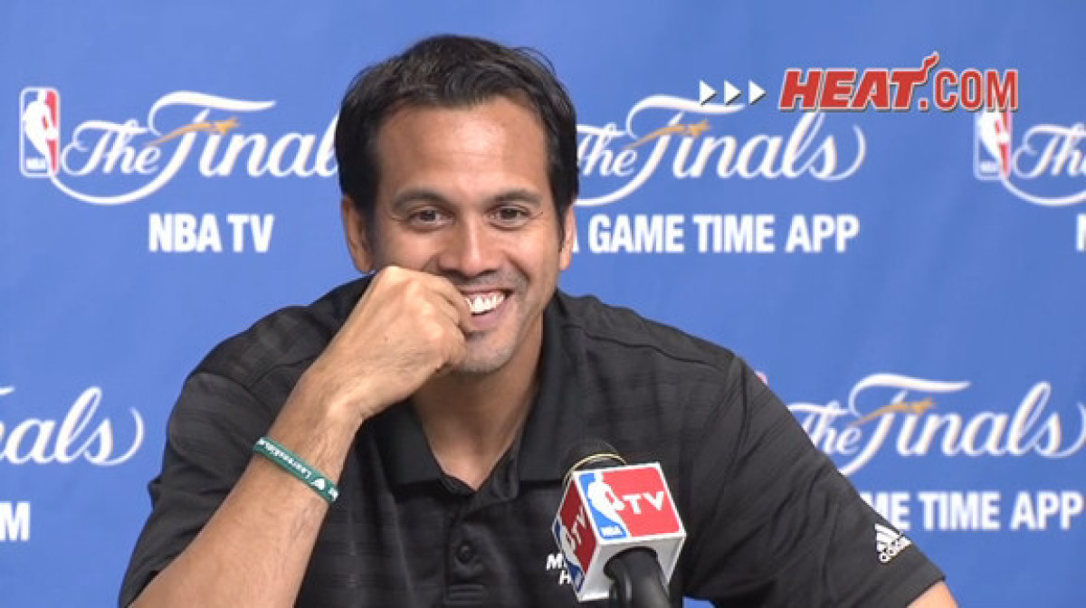 Coach Erik Spoelstra answers media questions after shootaround.