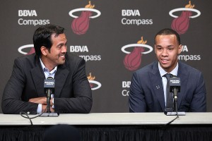 Coach Spo and Shabazz Napier address the media at a press conference.