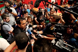 Coach Spo speaking during media availability after team practice in Rio de Janeiro, Brazil.