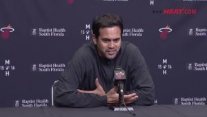Erik Spoelstra speaks to the media before the Wizards game